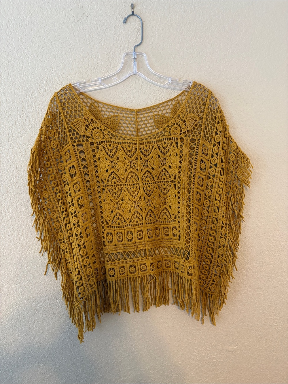 Crochet Fringe Poncho Sweater in Mustard